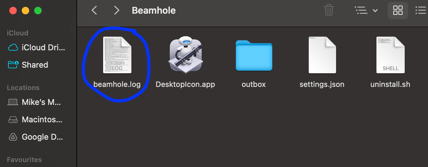 Beamhole directory on Mac with the log file circled