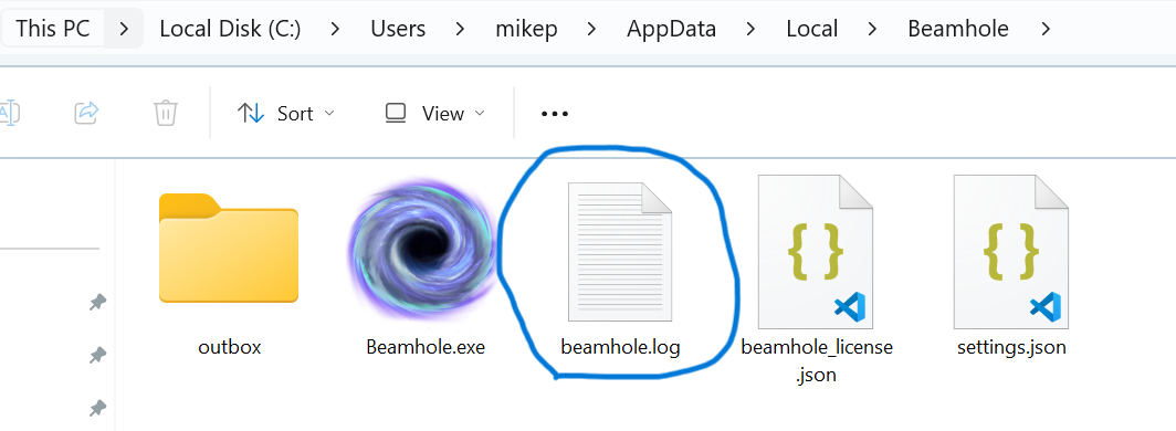 Beamhole directory on Windows with the log file circled