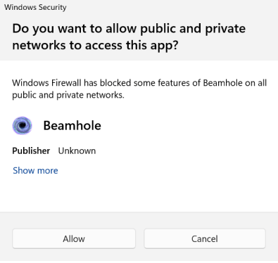 Windows 11 Firewall: Allow access to Beamhole