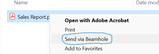 'Send with Beamhole' inside File Explorer