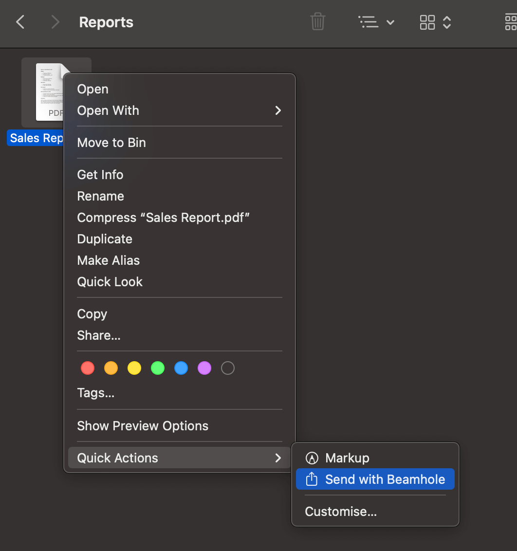 'Send with Beamhole' inside Finder