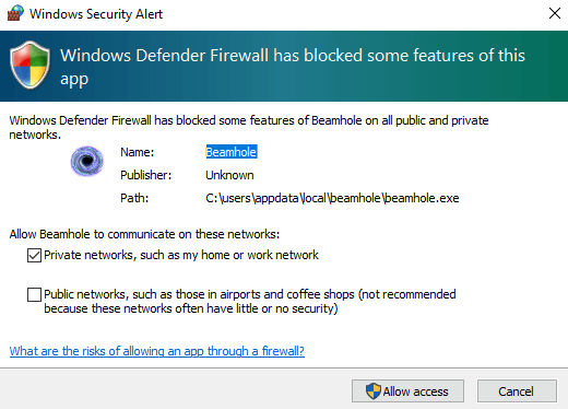 Windows 10 Firewall: Allow access to Beamhole